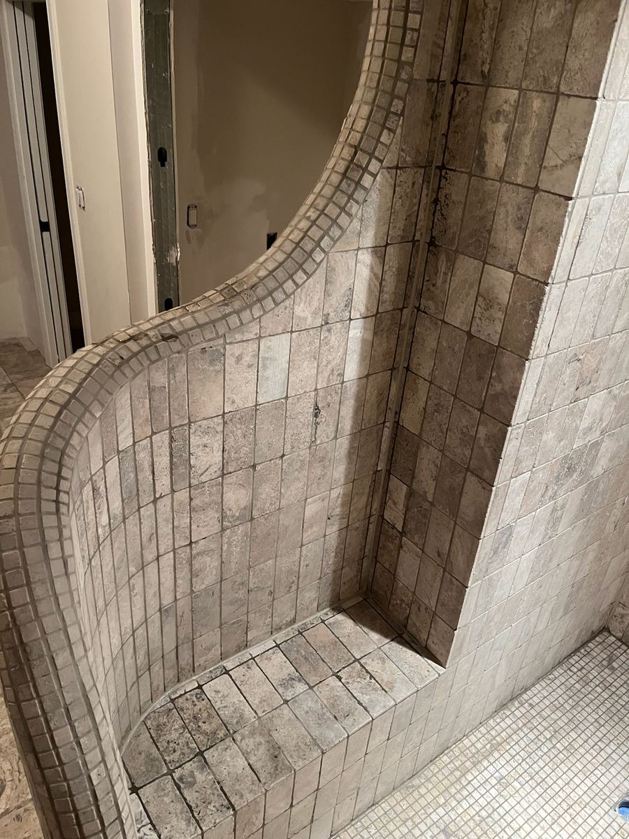 Grout work curved wall travertine walk-in Shower, Nassau County FL