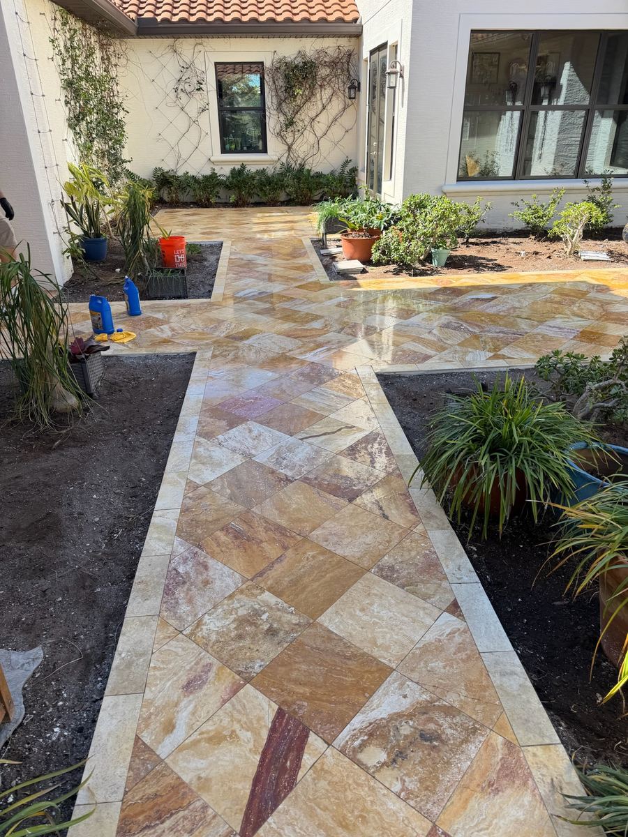 Tile Walkway with Scabos Travertine and diagonal border in Courtyard, Anastasia Island st. Augustine FL