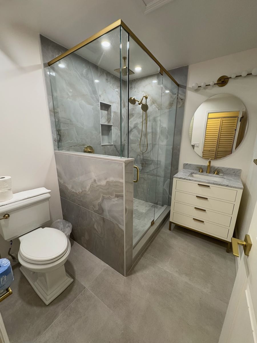 Full master bathroom remodel with brass trim, St. Augustine FL